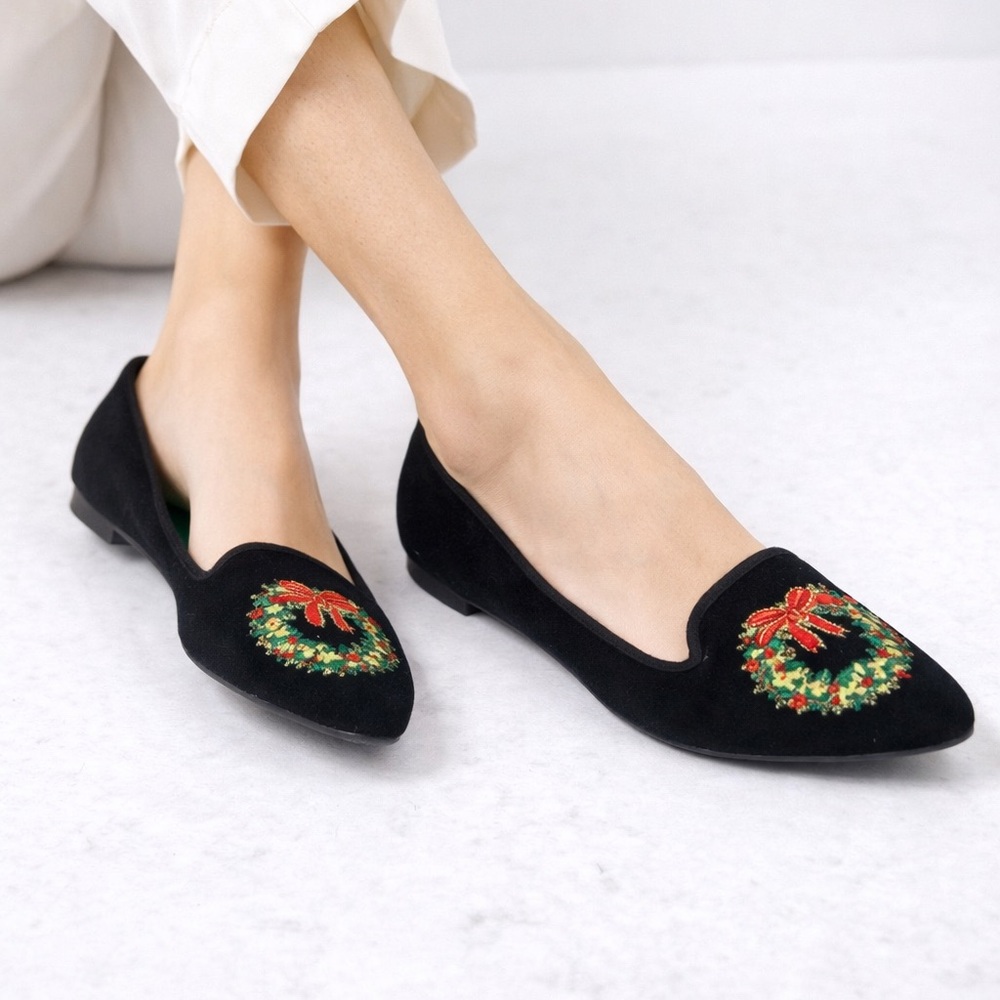 Tinsel Toes Black Velvet Christmas Wreath Embroidered Holiday Flats Women Size 7
